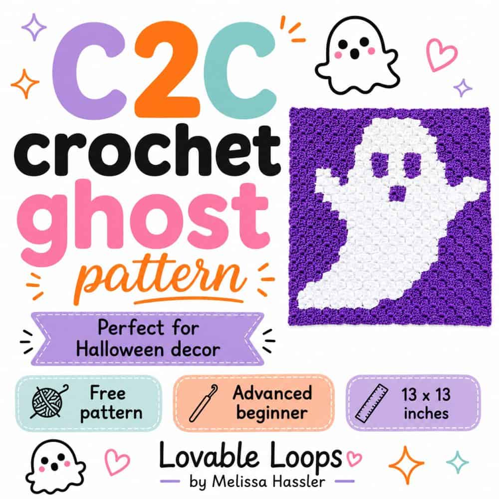 Graphic for a C2C crochet ghost pattern with a white ghost square on a purple background, large colorful text reading “C2C crochet ghost pattern,” and callouts for free pattern, advanced beginner, and 13 x 13 inches.
