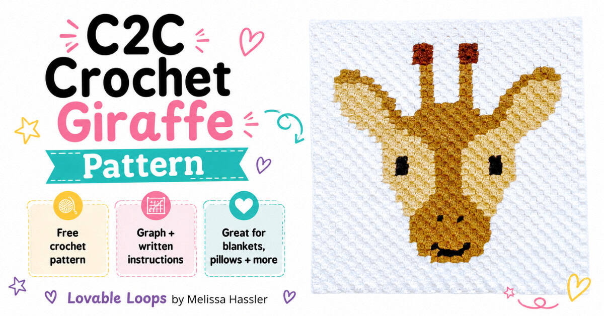 Featured image for a C2C crochet giraffe pattern featuring a handmade giraffe crochet square on a clean white background with callouts for free crochet pattern, graph and written instructions, and great for blankets, pillows, and more.