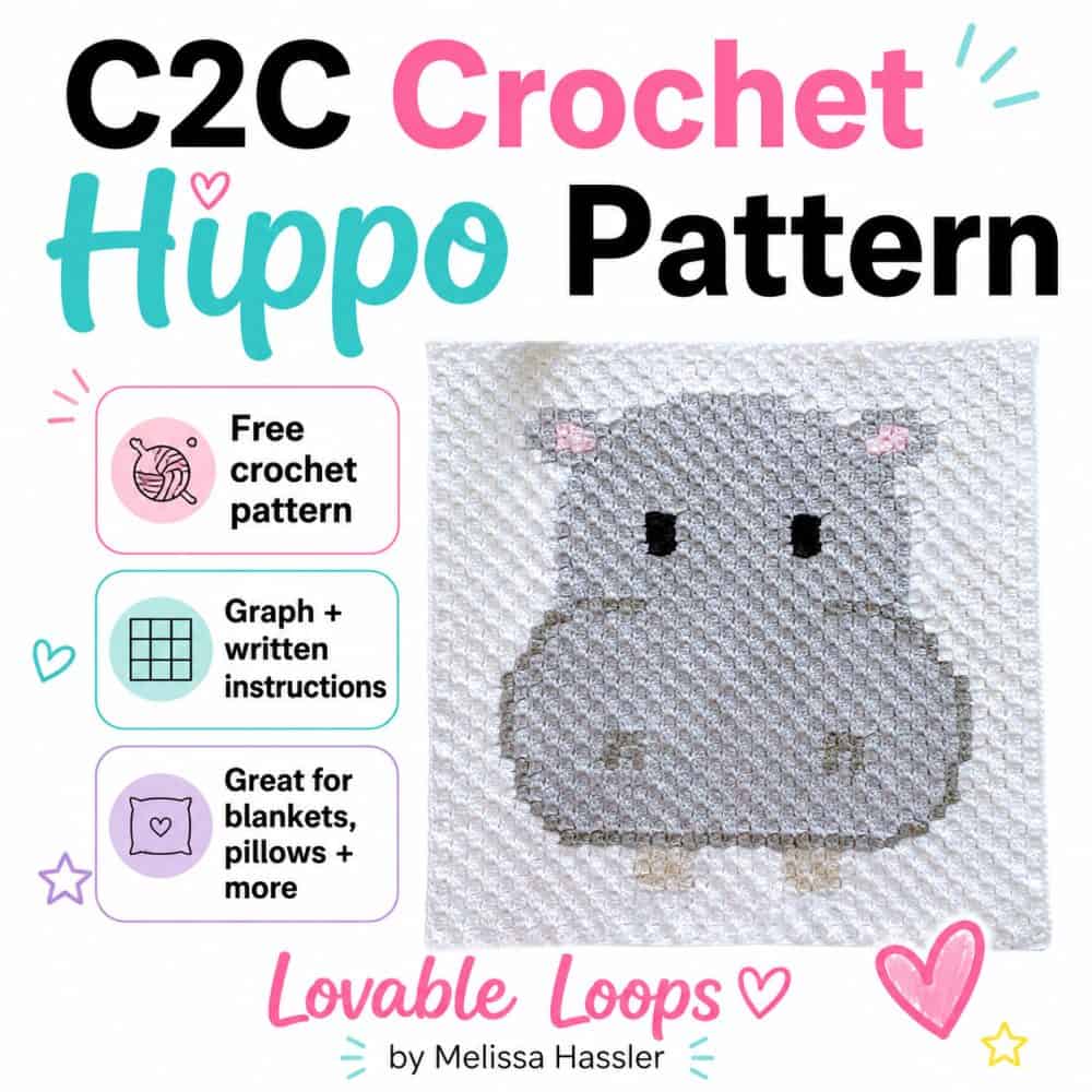 Square graphic for a C2C crochet hippo pattern featuring a gray hippo crochet square on a bright white background with callouts for free crochet pattern, graph and written instructions, and great for blankets and pillows.