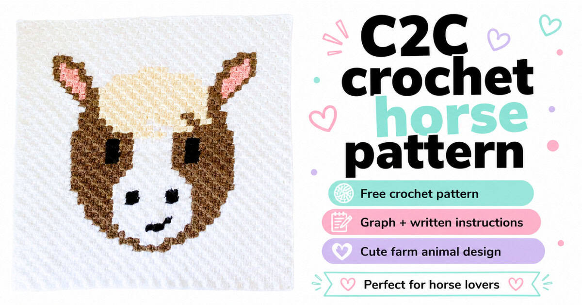 Featured image for a C2C crochet horse pattern showing a handmade horse face crochet square on a clean white background. The graphic includes callouts for free crochet pattern, graph and written instructions, cute farm animal design, and perfect for horse lovers.
