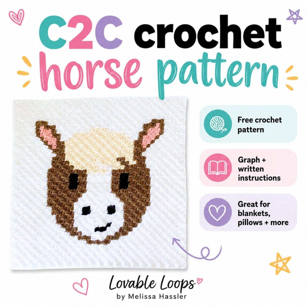 Square graphic for a C2C crochet horse pattern featuring a brown and white horse crochet square on a bright white background. The design includes callouts for free crochet pattern, graph and written instructions, great for blankets and pillows, and Lovable Loops by Melissa Hassler branding.