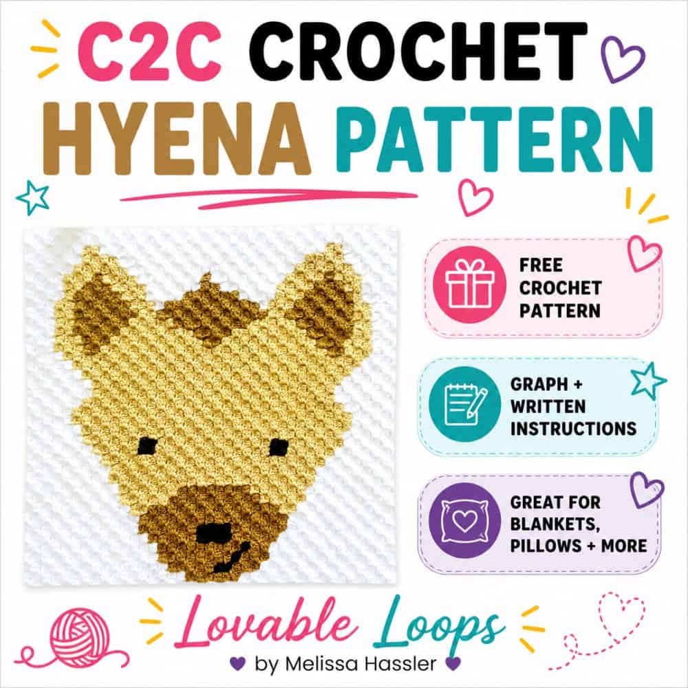 Square graphic for a C2C crochet hyena pattern featuring a tan and brown hyena crochet square on a bright white background with callouts for free crochet pattern, graph and written instructions, and great for blankets and pillows.