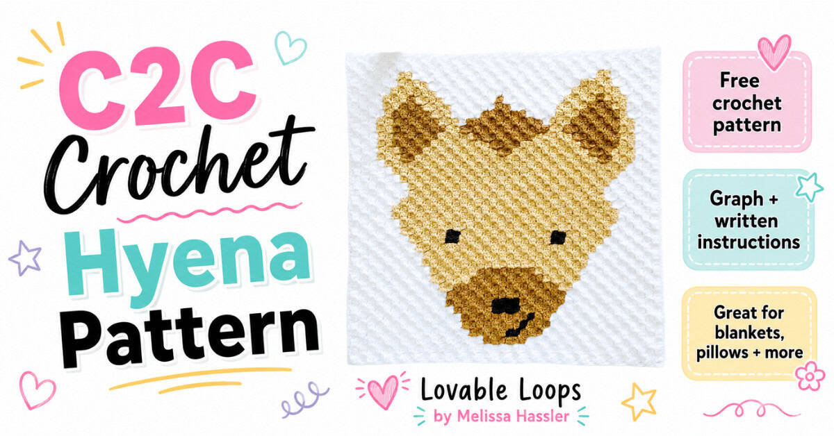 Featured image for a C2C crochet hyena pattern showing a handmade hyena crochet square on a clean white background with callouts for free crochet pattern, graph and written instructions, and great for blankets, pillows, and more.