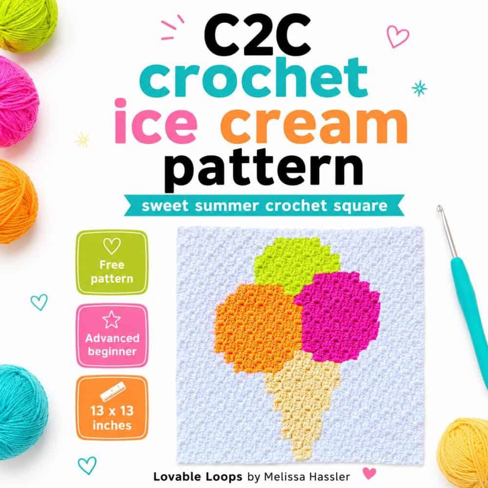 Sweet C2C ice cream crochet pattern pin featuring a bright ice cream cone square with orange, pink, green, and cream yarn colors, plus free pattern callouts on a white background.