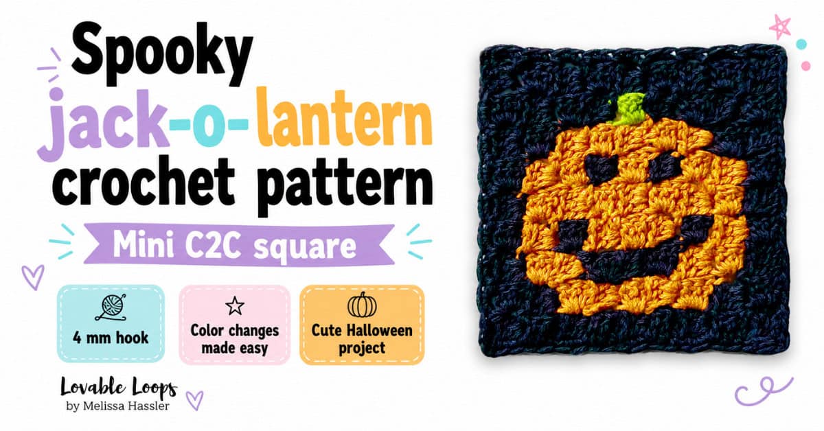 Featured image for a spooky jack-o-lantern crochet pattern with a mini C2C pumpkin square, bright white background, and callouts for a 4 mm hook, color changes, and Halloween projects.