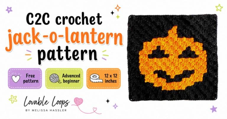 Wide featured image for a C2C crochet jack-o-lantern pattern showing a black crochet square with an orange jack-o-lantern face on the right, with bold text on the left that reads &ldquo;C2C crochet jack-o-lantern pattern&rdquo; plus callouts for free pattern, advanced beginner, and 12 x 12 inches.