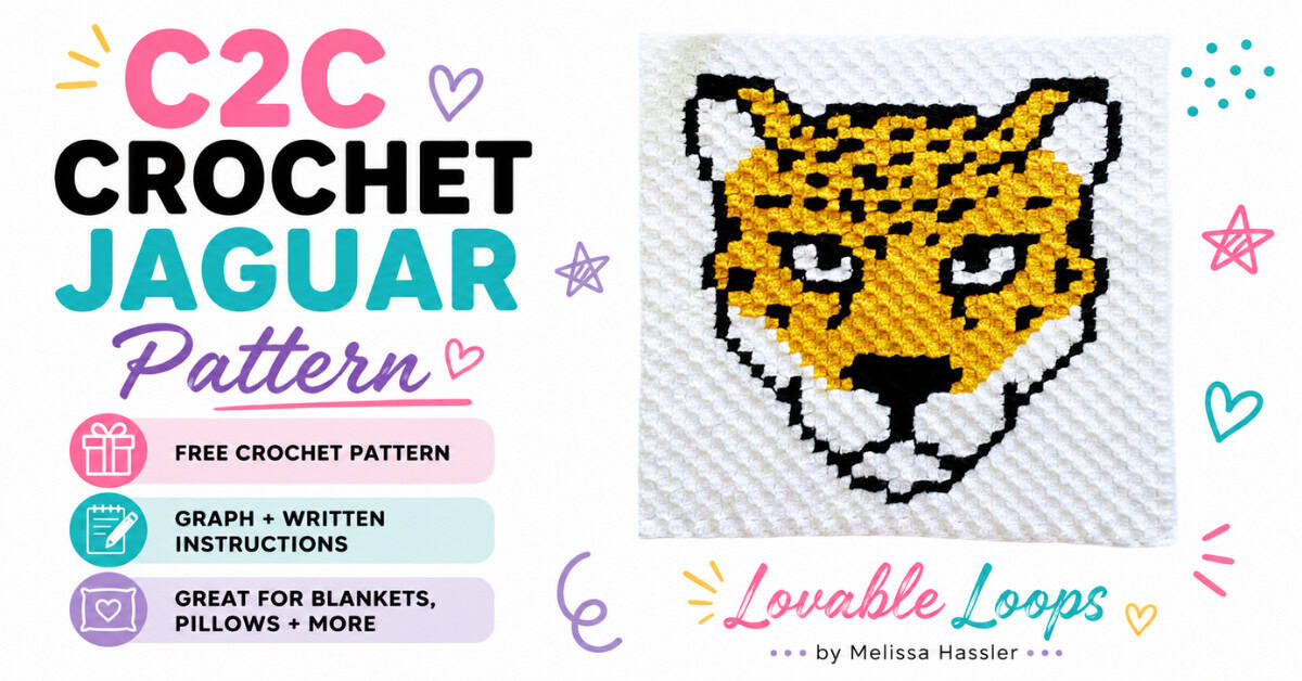 Featured image for a C2C crochet jaguar pattern showing a handmade yellow, black, and white jaguar crochet square on a bright white background with callouts for free crochet pattern, graph and written instructions, and great for blankets and pillows.