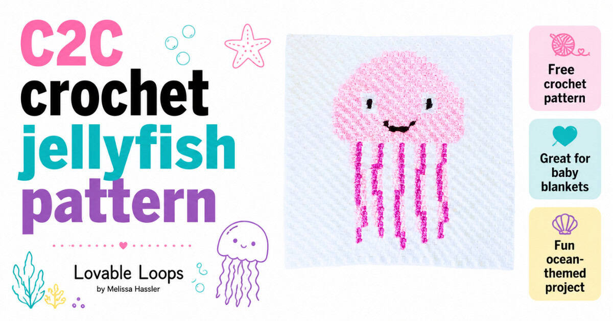 Featured image for a C2C crochet jellyfish pattern showing a handmade pink jellyfish crochet square on a clean white background with callouts for free crochet pattern, great for baby blankets, and fun ocean-themed project.