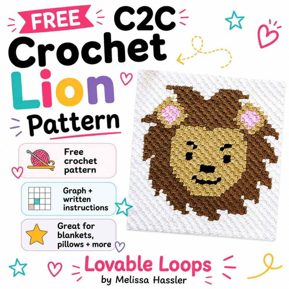 C2C crochet lion pattern featuring a tan and brown lion crochet square with callouts for graph, written instructions, and project ideas.