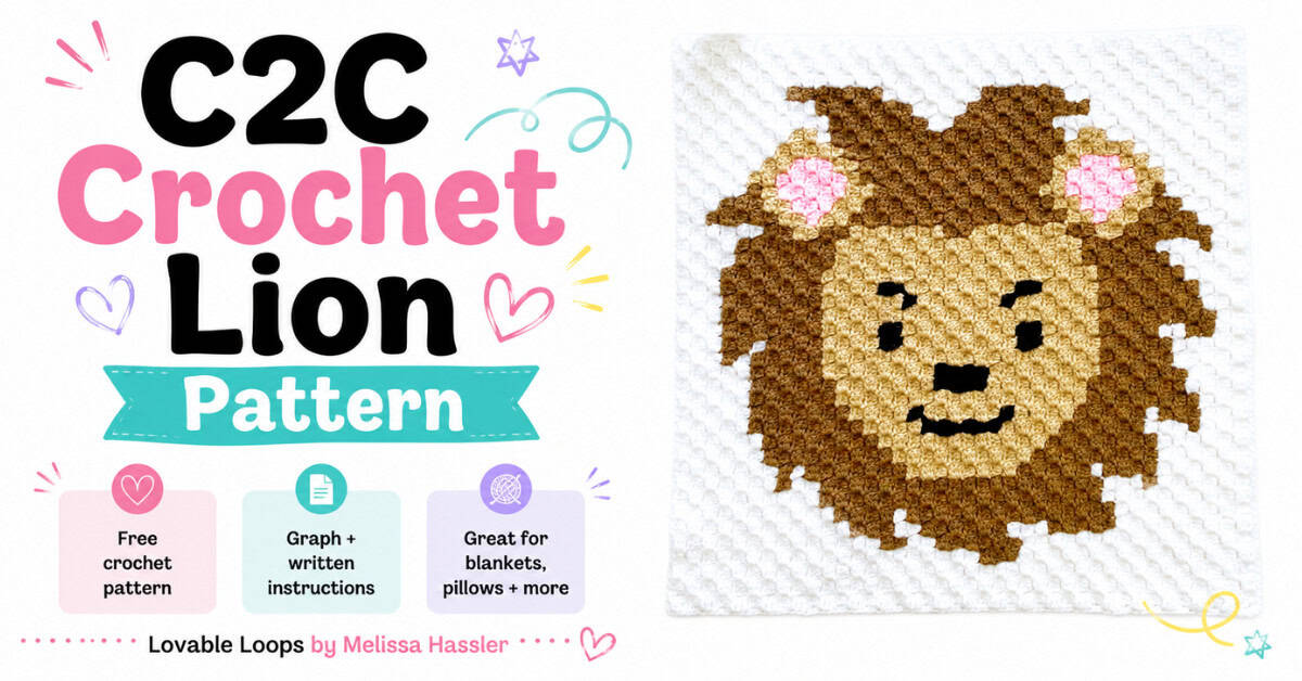 Featured graphic for a C2C crochet lion pattern showing a handmade lion crochet square with colorful doodles, large title text, and pattern callouts.