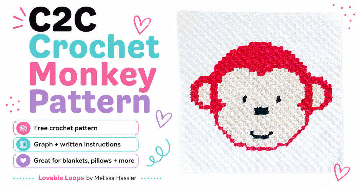 Featured image for a C2C crochet monkey pattern showing a handmade red and cream monkey crochet square on a bright white background with callouts for free crochet pattern, graph and written instructions, and great for blankets and pillows.