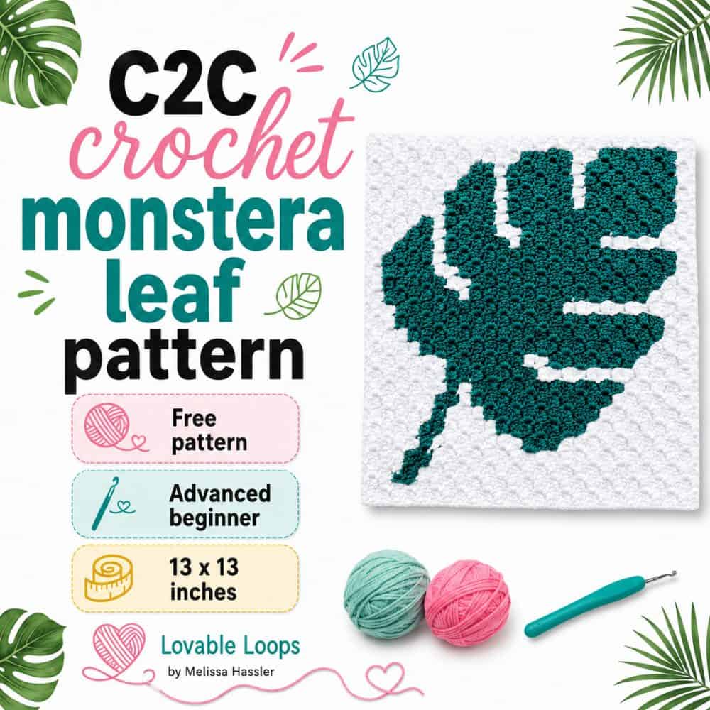 Square graphic for a C2C crochet monstera leaf pattern featuring a dark teal monstera leaf crochet panel on a white background, with pastel yarn, leaf accents, and callouts for free pattern, advanced beginner, and 13 x 13 inches.