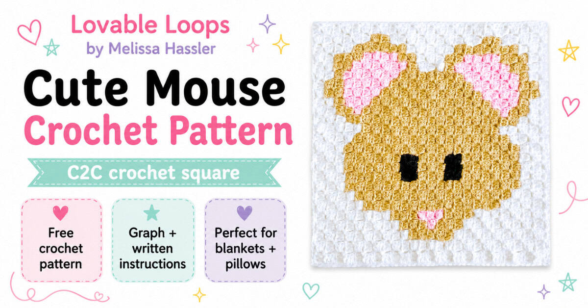 Featured image for a cute mouse C2C crochet pattern showing a tan mouse square with pink ears on a white background, large black and pink text, and pastel callouts for free pattern, graph and written instructions, and blankets or pillows.
