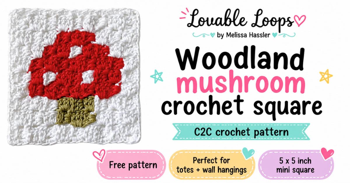 Featured image for a woodland mushroom crochet square pattern. A red mushroom C2C crochet square is shown on a bright white background with pastel accents and callouts that say free pattern, perfect for totes and wall hangings, and 5 x 5 inch mini square. Branded Lovable Loops by Melissa Hassler.