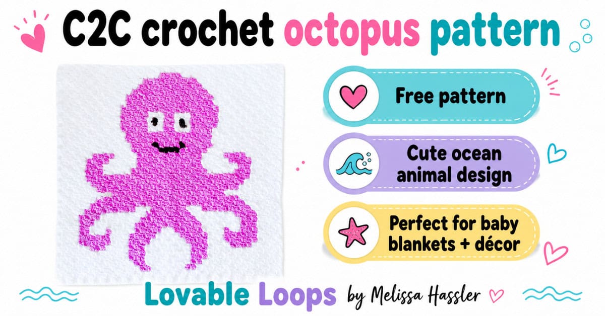 Featured image for a C2C crochet octopus pattern showing a handmade pink octopus crochet square on a clean white background. The graphic includes callouts for free pattern, cute ocean animal design, perfect for baby blankets and decor, and Lovable Loops by Melissa Hassler branding.