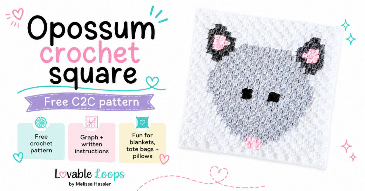 Opossum crochet square graphic featuring a gray C2C opossum on a bright white background with text for a free C2C pattern and project callouts.