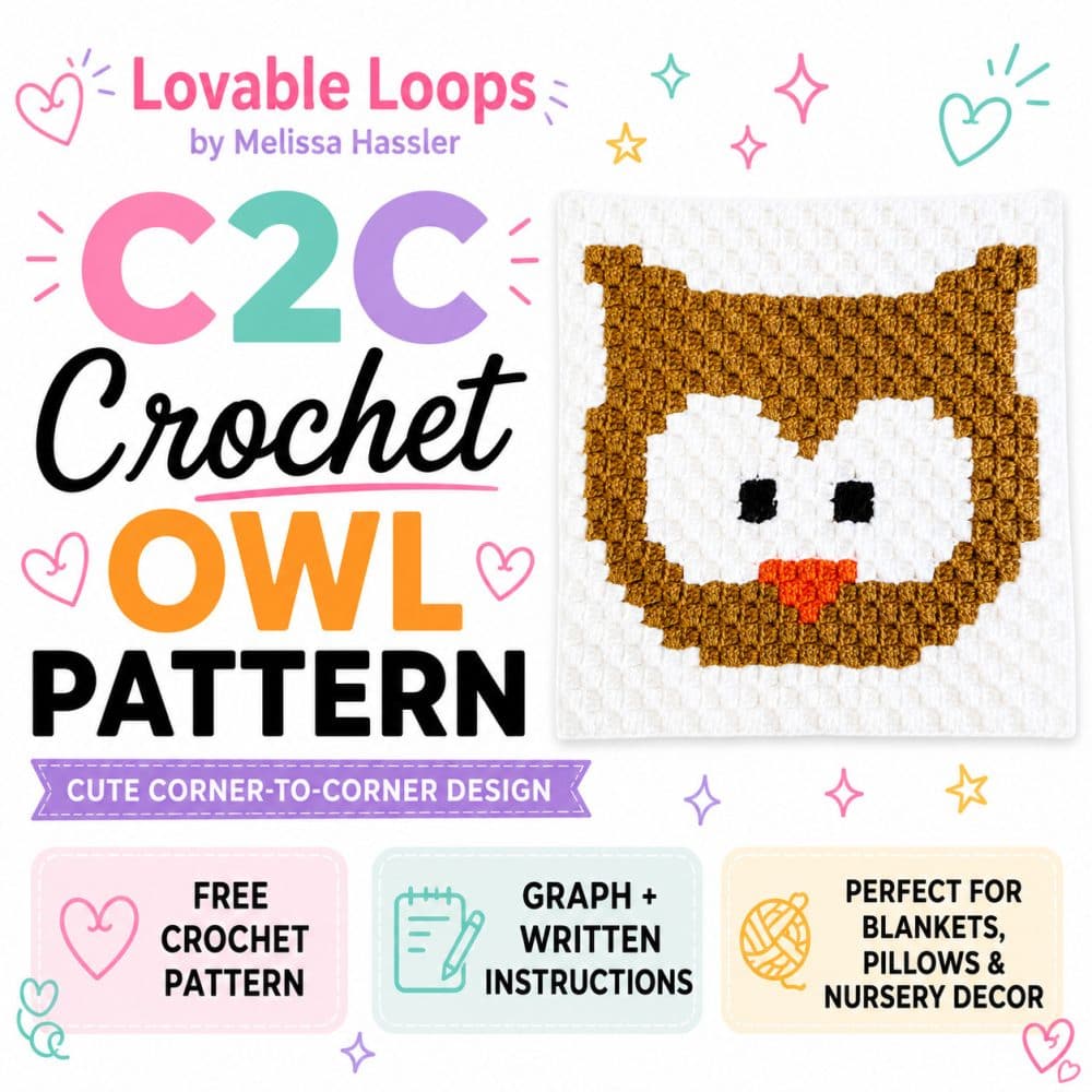 Square C2C crochet owl pattern graphic with a brown owl crochet square on a bright white background, pastel hearts and stars, and callouts for free pattern, graph and written instructions, and blankets or pillows.