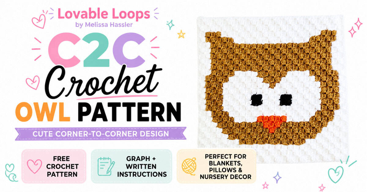 C2C crochet owl pattern graphic featuring a brown and white owl square with orange beak, large bold text, pastel accents, and callouts for free crochet pattern, graph and written instructions, and nursery decor.