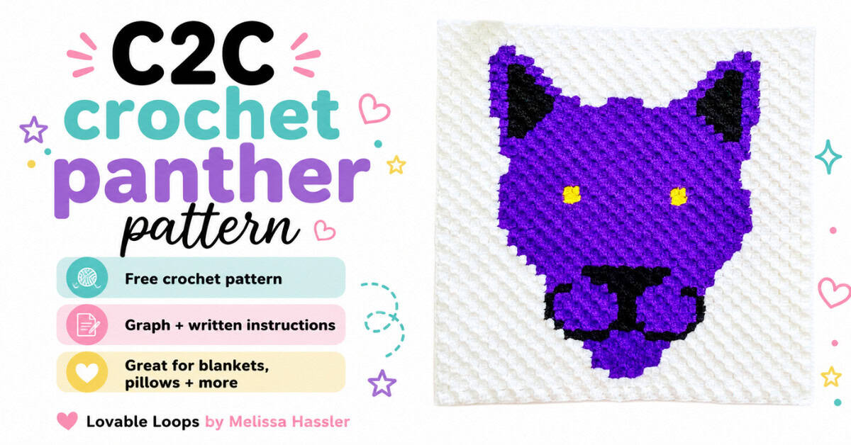 Featured image for a C2C crochet panther pattern showing a handmade purple panther crochet square on a clean white background with callouts for free crochet pattern, graph and written instructions, and great for blankets, pillows, and more.