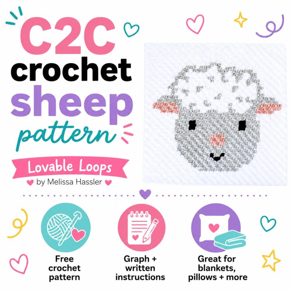 Square graphic for a C2C crochet sheep pattern featuring a gray and white sheep crochet square on a bright white background. The design includes callouts for free crochet pattern, graph and written instructions, great for blankets and pillows, and Lovable Loops by Melissa Hassler branding.