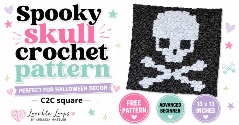 Featured image for a spooky skull crochet pattern showing a black and white C2C skull and crossbones square on the right with large text on the left that reads &ldquo;Spooky Skull crochet pattern.&rdquo; Additional text says &ldquo;Perfect for Halloween decor,&rdquo; &ldquo;C2C square,&rdquo; &ldquo;Free pattern,&rdquo; &ldquo;Advanced beginner,&rdquo; and &ldquo;13 x 13 inches,&rdquo; with Lovable Loops by Melissa Hassler branding.