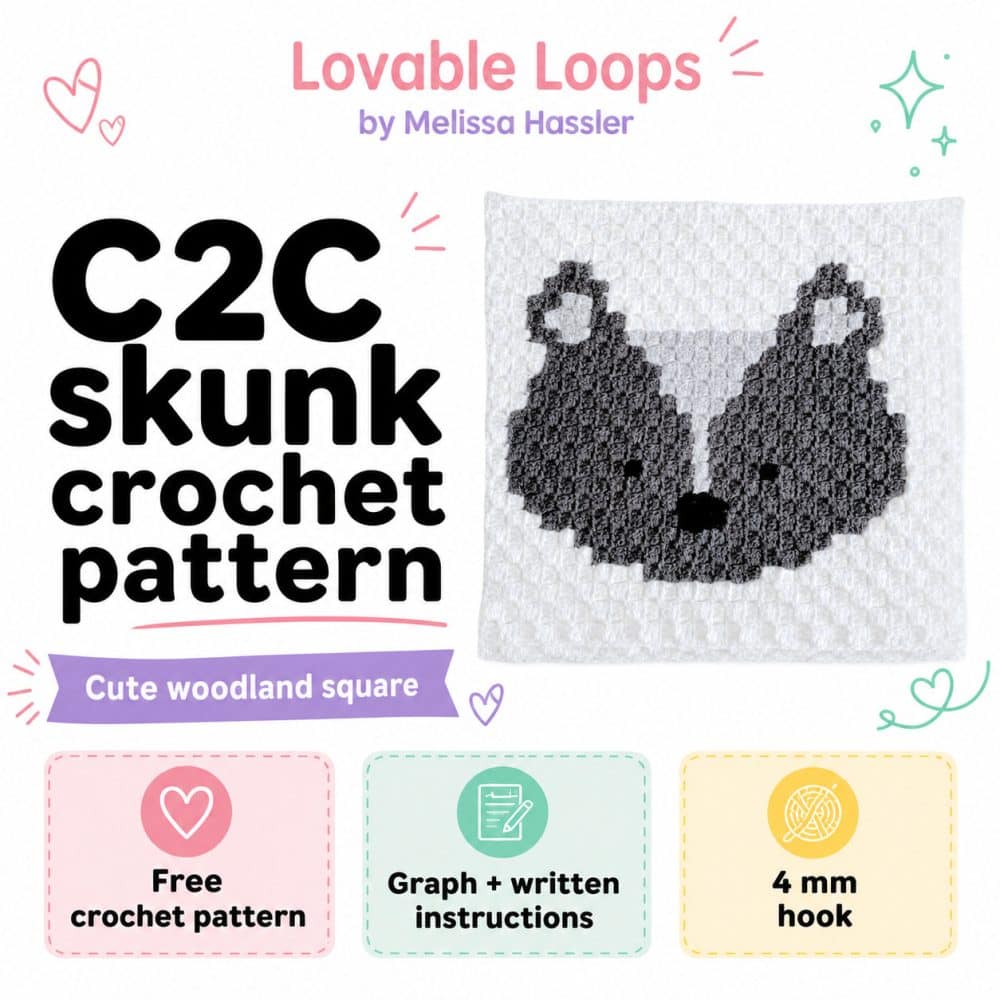 Square graphic for a C2C skunk crochet pattern featuring a gray and white skunk square on a bright white background with pastel callouts for free crochet pattern, graph and written instructions, and 4 mm hook.