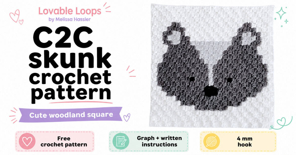 Featured image for a C2C skunk crochet pattern with a gray skunk crochet square, large black text, pastel accents, and callouts for free pattern, graph and written instructions, and 4 mm hook.