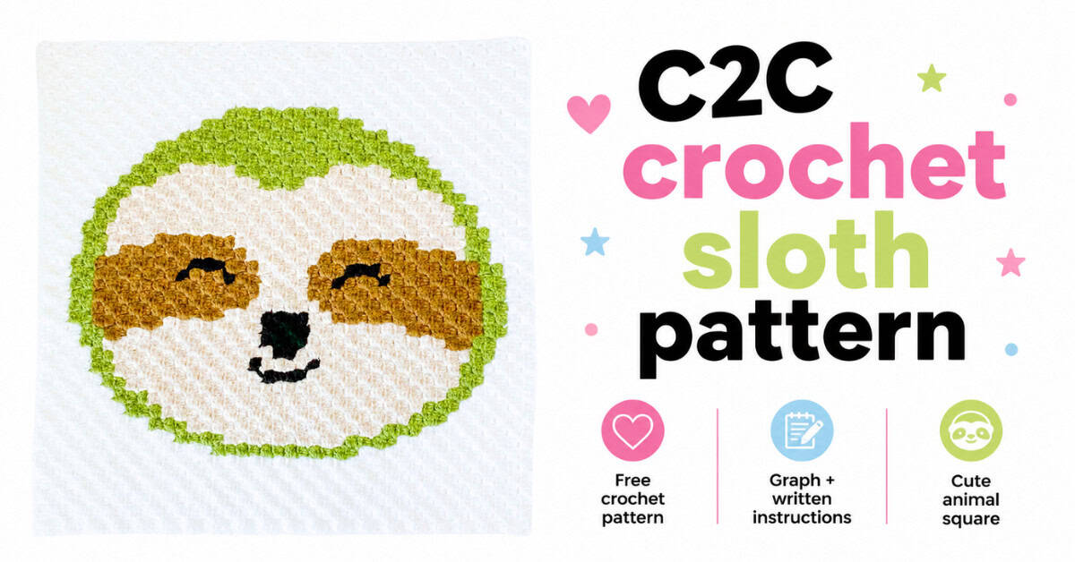 Featured image for a C2C crochet sloth pattern showing a handmade sloth crochet square on a clean white background with callouts for free crochet pattern, graph and written instructions, and cute animal square.