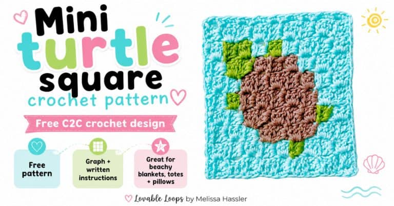 Featured image for a mini turtle square crochet pattern with a brown and green turtle C2C crochet square on an aqua background, and text that says &ldquo;Mini turtle square crochet pattern,&rdquo; &ldquo;Free C2C crochet design,&rdquo; &ldquo;Free pattern,&rdquo; &ldquo;Graph + written instructions,&rdquo; and &ldquo;Great for beachy blankets, totes + pillows.&rdquo;