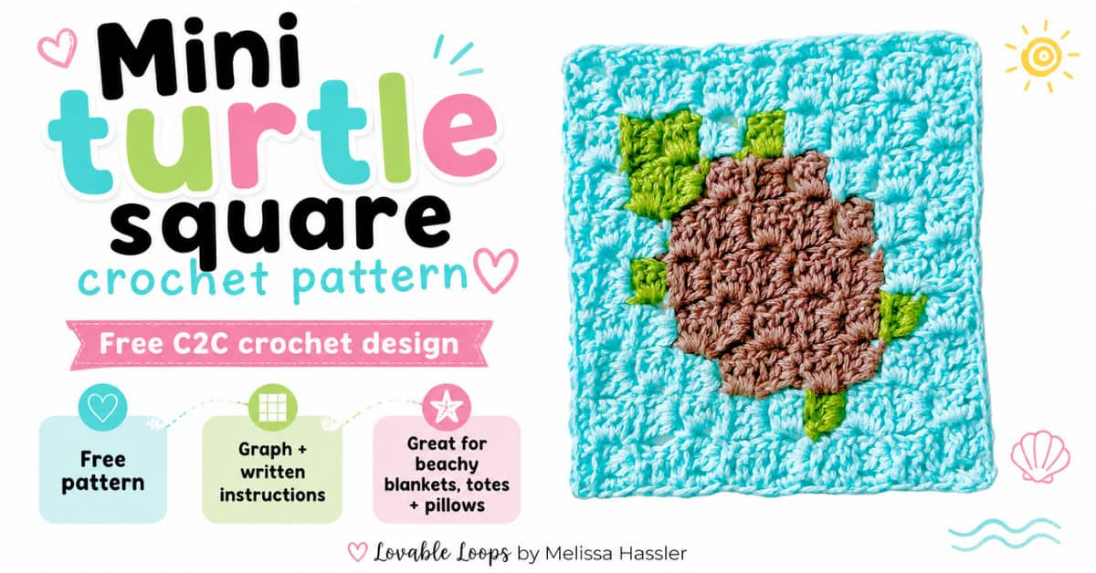 Featured image for a mini turtle square crochet pattern with a brown and green turtle C2C crochet square on an aqua background, and text that says &ldquo;Mini turtle square crochet pattern,&rdquo; &ldquo;Free C2C crochet design,&rdquo; &ldquo;Free pattern,&rdquo; &ldquo;Graph + written instructions,&rdquo; and &ldquo;Great for beachy blankets, totes + pillows.&rdquo;