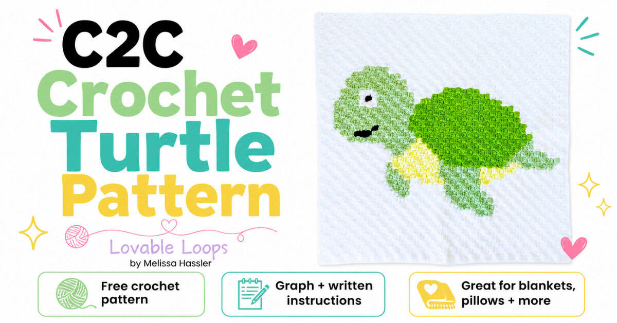 Featured image for a C2C crochet turtle pattern showing a handmade green turtle crochet square on a clean white background with callouts for free crochet pattern, graph and written instructions, and great for blankets, pillows, and more.