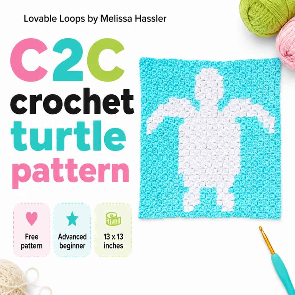 Crochet turtle pattern pin featuring a white sea turtle on an aqua C2C crochet square with ocean-themed accents and callouts for free pattern, advanced beginner, and sea turtle design.