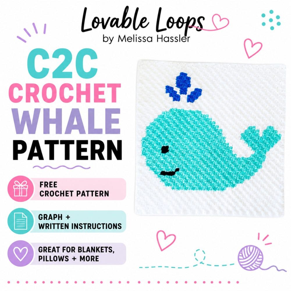Square graphic for a C2C crochet whale pattern featuring a turquoise whale crochet square on a bright white background with callouts for free crochet pattern, graph and written instructions, and great for blankets and pillows.