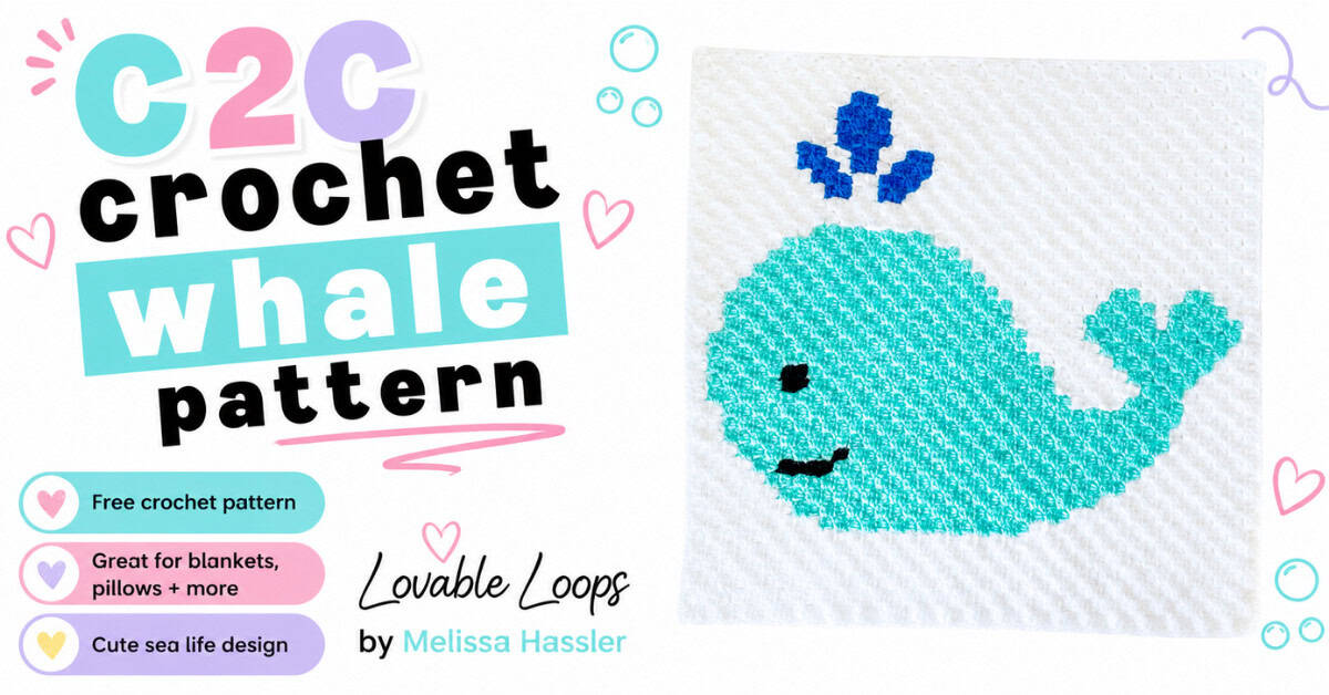 Featured image for a C2C crochet whale pattern showing a handmade turquoise whale crochet square on a clean white background with callouts for free crochet pattern, cute sea life design, and great for blankets, pillows, and more.