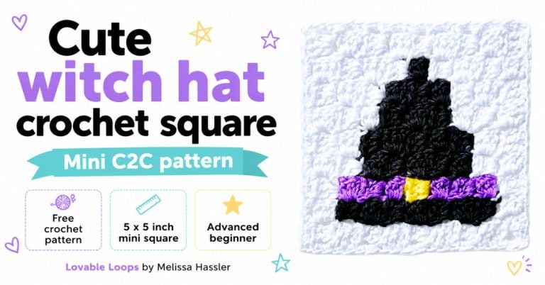 Featured image for a cute witch hat crochet square pattern with a black witch hat, purple band, yellow buckle, and text reading mini C2C pattern.