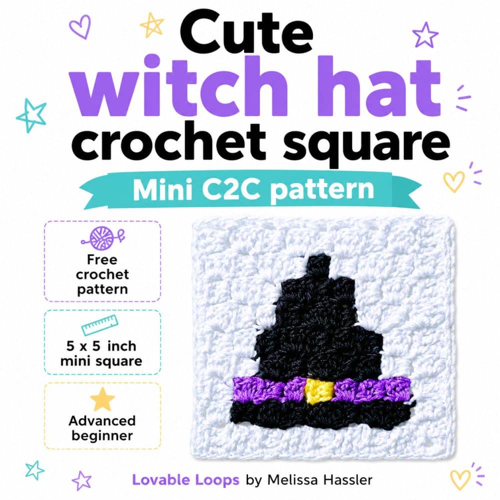 Square graphic for a cute witch hat C2C crochet square pattern with a black witch hat, purple band, yellow buckle, and callouts for free crochet pattern, 5 x 5 inch mini square, and advanced beginner.