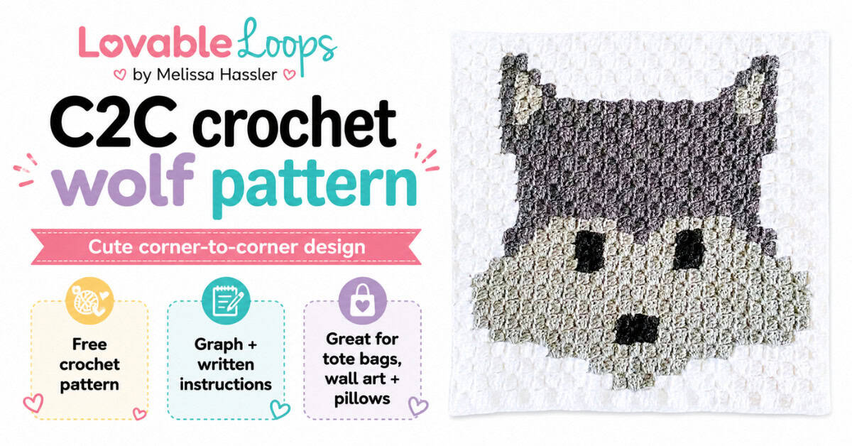 Featured image for a C2C crochet wolf pattern featuring a gray wolf face crochet square on a white background. The clean graphic includes callouts for free crochet pattern, graph and written instructions, cute corner-to-corner design, and Lovable Loops by Melissa Hassler branding.