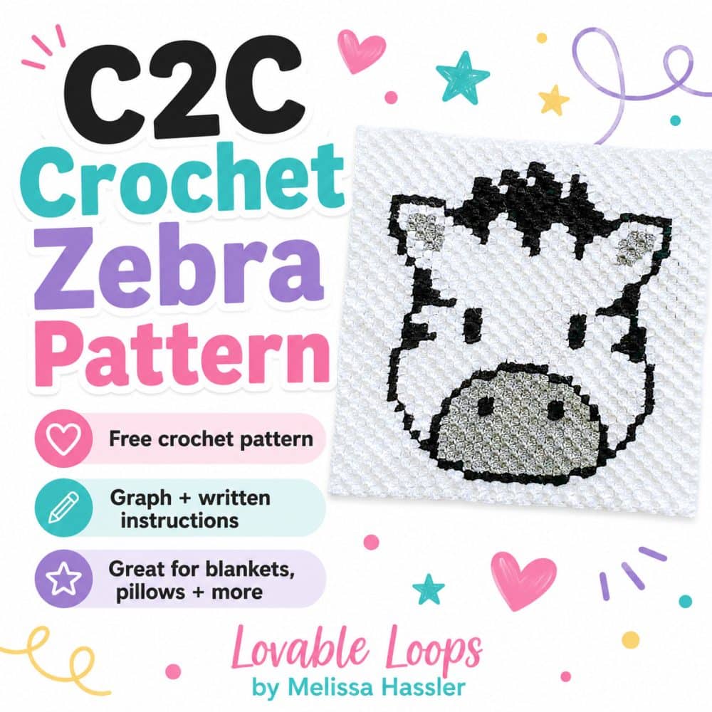 Square graphic for a C2C crochet zebra pattern featuring a black, white, and gray zebra crochet square on a bright white background with callouts for free crochet pattern, graph and written instructions, and great for blankets and pillows.
