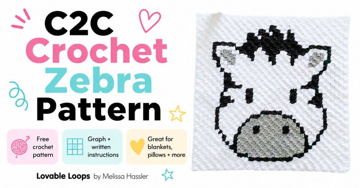 Featured image for a C2C crochet zebra pattern showing a handmade zebra crochet square on a clean white background with callouts for free crochet pattern, graph and written instructions, and great for blankets, pillows, and more.