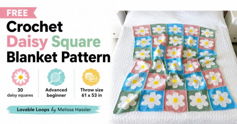 Featured image for a free crochet daisy square blanket pattern showing a handmade blanket with blue, green, and pink daisy squares on a white bed.