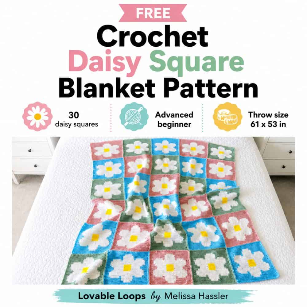 Square graphic for a free crochet daisy square blanket pattern with a photo of a colorful daisy blanket and callouts for 30 squares, advanced beginner skill level, and throw size.
