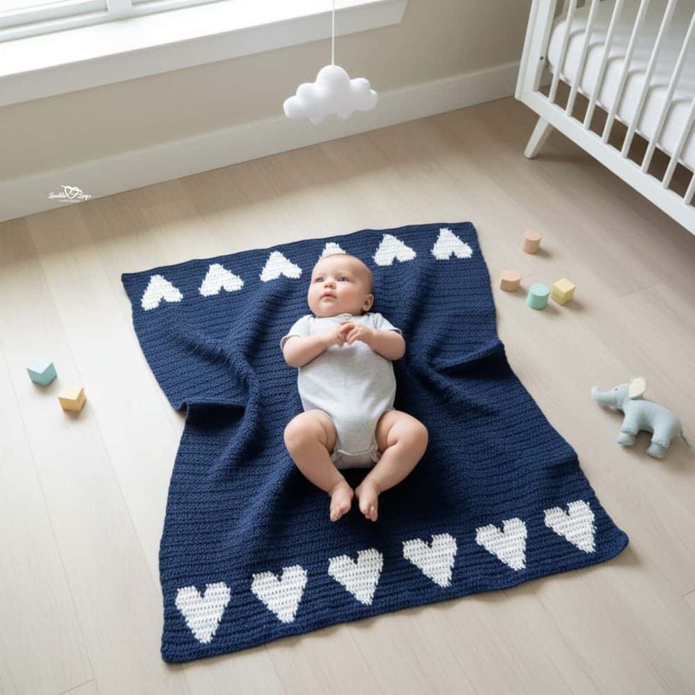 rochet heart baby blanket pattern featuring a navy blue baby blanket with white heart designs, a baby lying on the blanket,