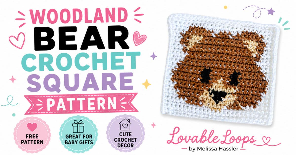 Featured image for a woodland bear crochet square pattern with a brown bear face on a white crochet background, bold text, and callouts for free pattern, baby gifts, and crochet decor.