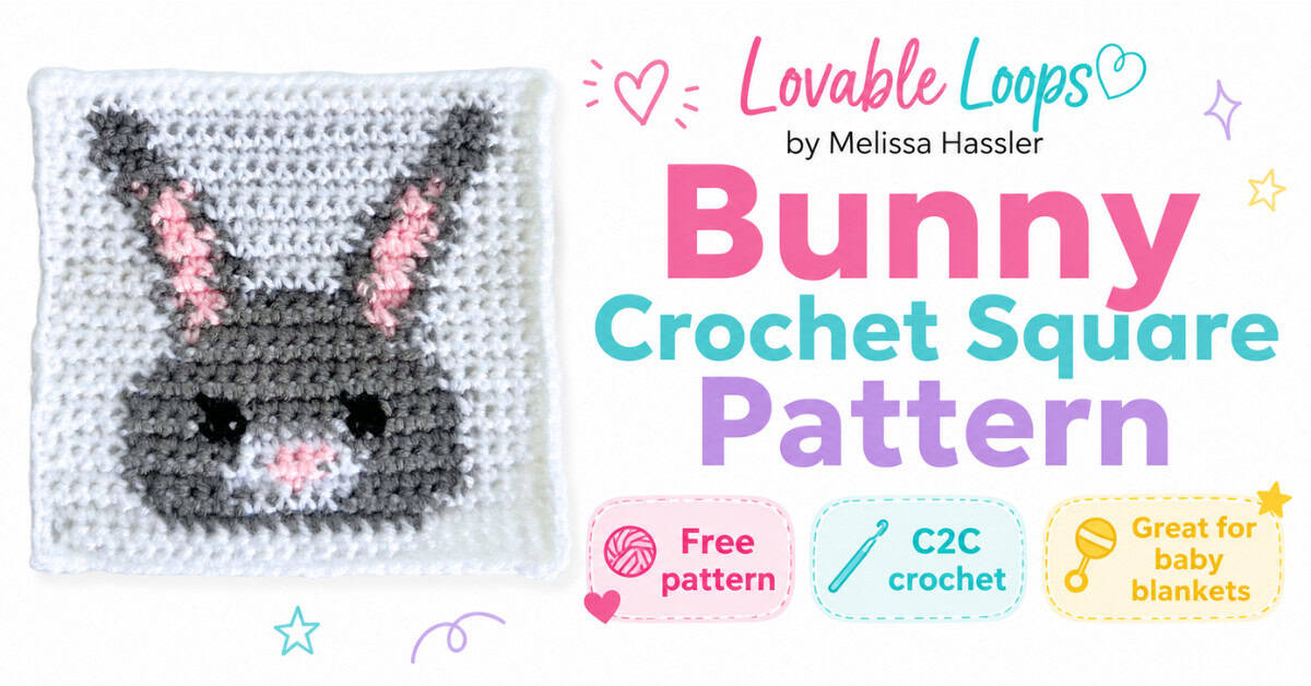 Free bunny crochet pattern graphic with a gray bunny crochet square on a white background and callouts for free pattern, C2C crochet, and spring projects.