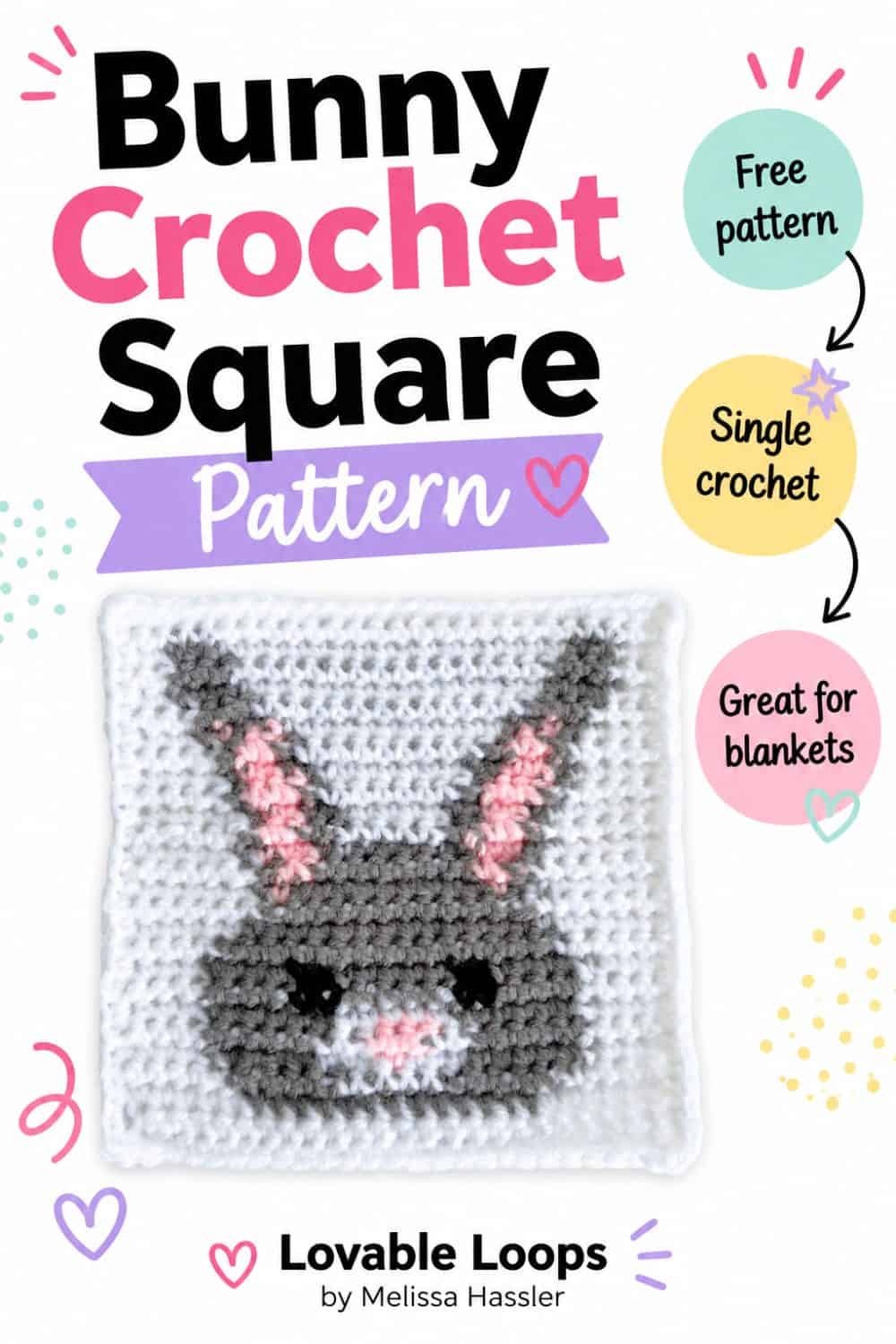 Bunny crochet square pattern graphic featuring a gray bunny square with pink ears and nose on a bright white background, plus callouts for free pattern, C2C crochet, and baby blankets.