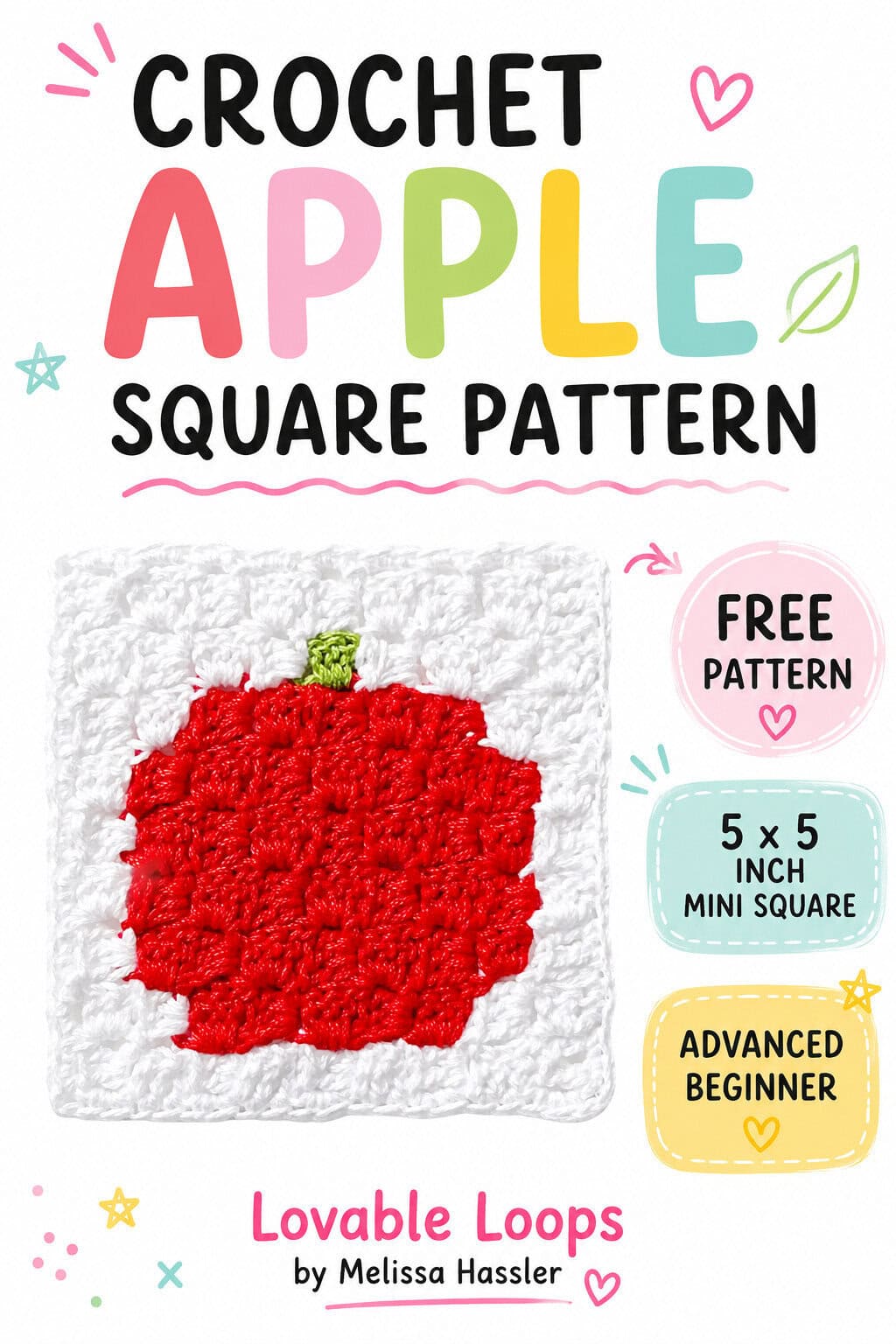 Mini apple square C2C crochet pattern graphic featuring a red apple crochet square, pink and teal text, yarn, crochet hook, and callouts for free pattern, advanced beginner, and 5 x 5 inch mini square.