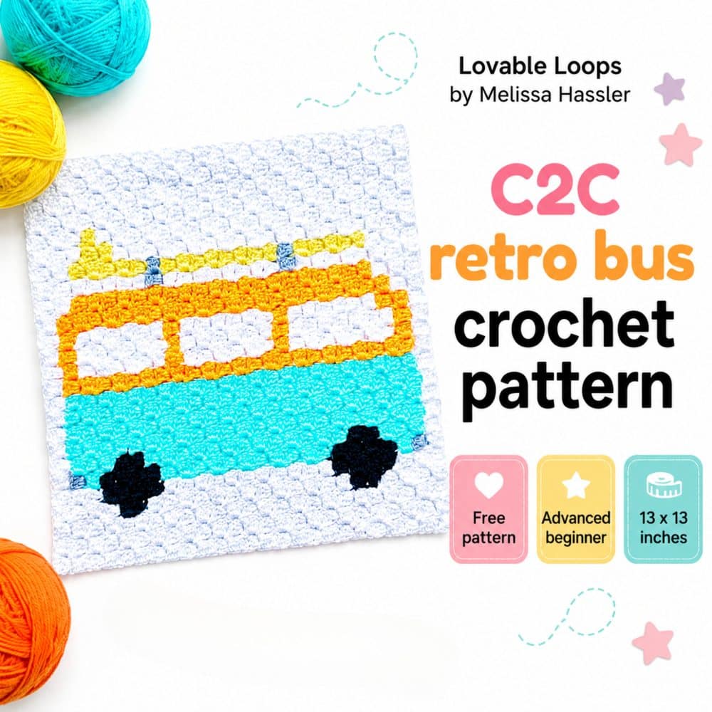 Square pin for a bright bus crochet pattern featuring a white crochet square with an aqua and orange retro bus and yellow surfboard. Text reads โBright bus crochet pattern C2Cโ with callouts for free pattern, advanced beginner, and great for bags and blankets.
