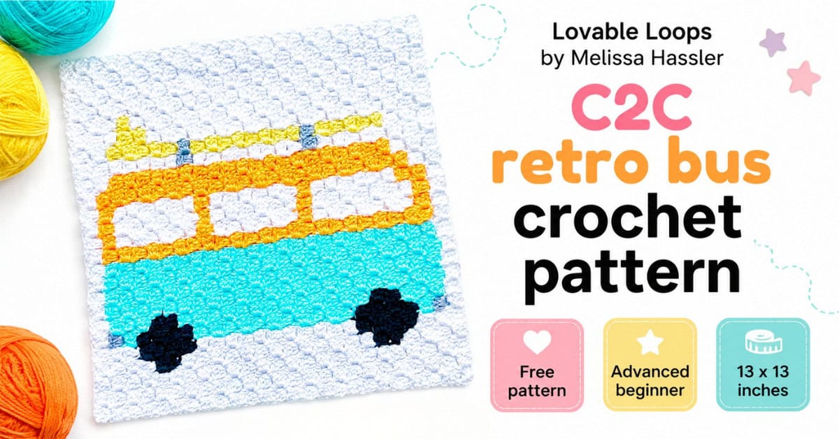 Wide Pinterest pin for a C2C retro bus crochet pattern showing a white crochet square with a colorful retro bus in aqua and orange with a yellow surfboard on top. Text reads “C2C retro bus crochet pattern” with callouts for free pattern, advanced beginner, and 13 x 13 inches.