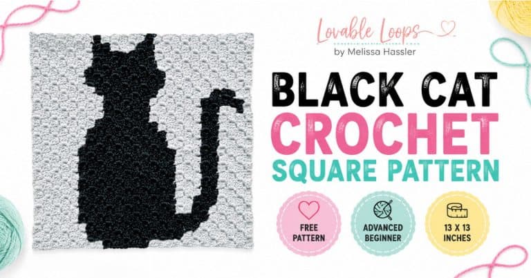 Featured image for a black cat crochet square pattern showing a black cat C2C panel on a light gray background with bright text and pastel callouts for free pattern, advanced beginner, and 13 x 13 inches.