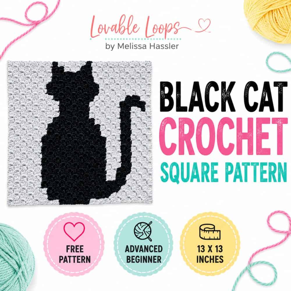 Square graphic for a black cat crochet square pattern with a black C2C cat panel, pastel yarn accents, and callouts for free pattern, advanced beginner, and 13 x 13 inches.